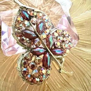 Silver and Purple  Brooch Brilliant CORO Leaf Pin Colorful Rhinestone Sparkle
